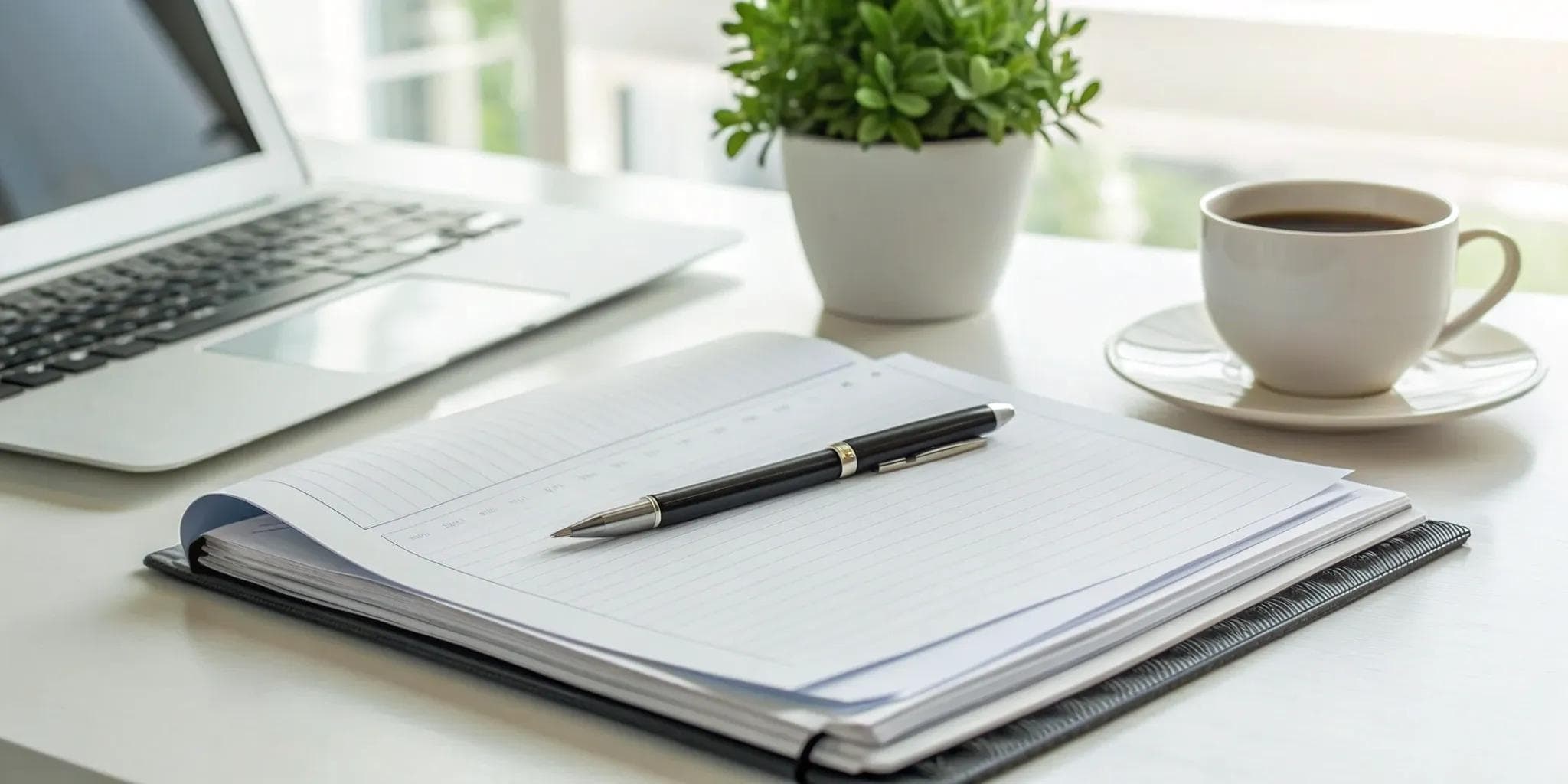 An SBA 7a loan requirements checklist on a desk with a laptop and coffee.