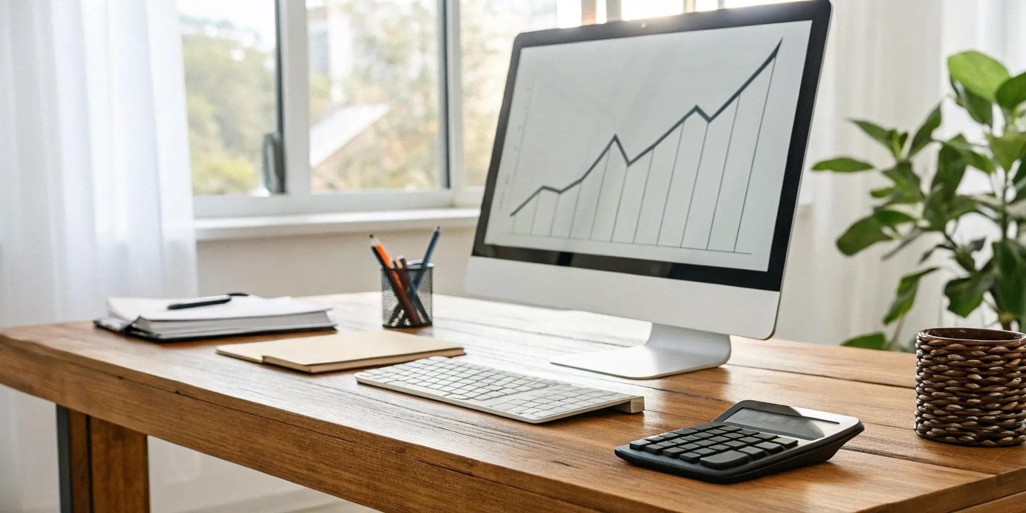 Office desk with a computer graph, calculator, and invoices for small business invoice factoring.