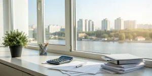 Desk with calculator and paperwork for understanding 30 year commercial mortgage rates.