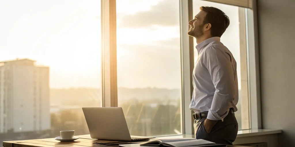 Business owner looking out his office window, planning how to get out of a merchant cash advance.