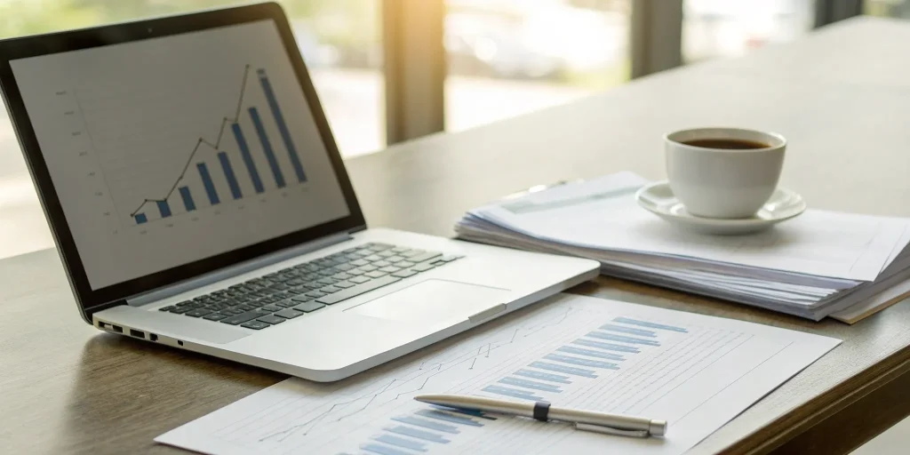 Laptop with financial charts and documents breaking down current SBA 7a rates.