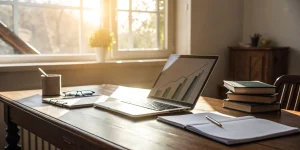 Laptop on a desk showing a business growth chart while reviewing the top 10 factoring companies.