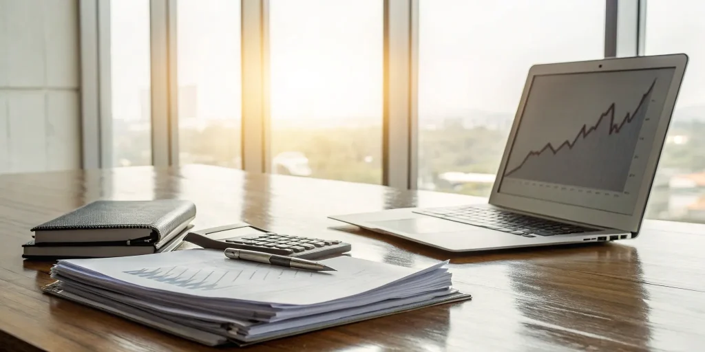 Calculator and a laptop with a rising graph used to analyze current SBA 504 loan rates.