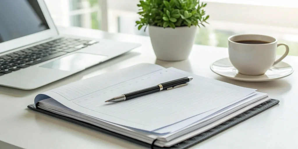 An SBA 7a loan requirements checklist on a desk with a laptop and coffee.