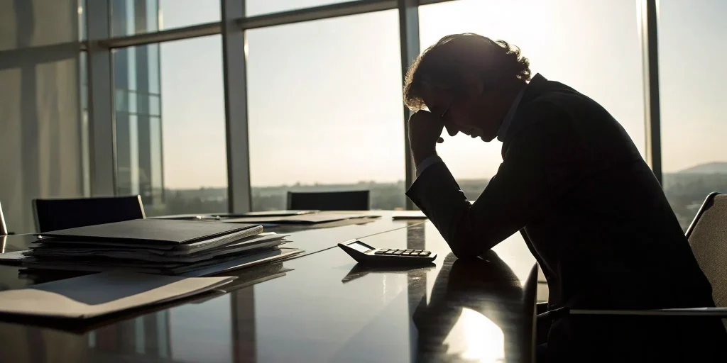 A business owner stressed by cash flow problems while reviewing paperwork at a desk.