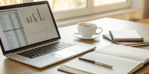 Laptop showing an example of accounts receivable financing with charts and data.