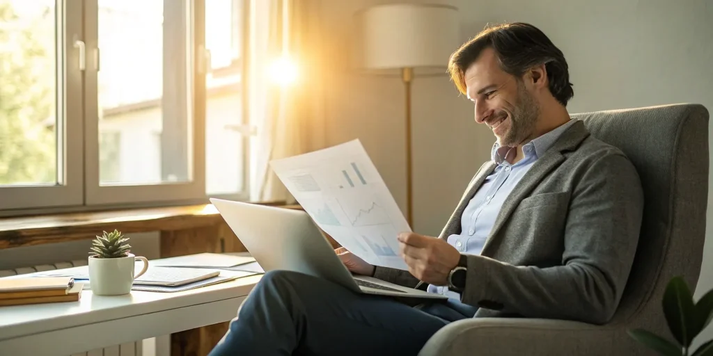 A small business owner at a desk reviewing how invoice factoring helps with cash flow.