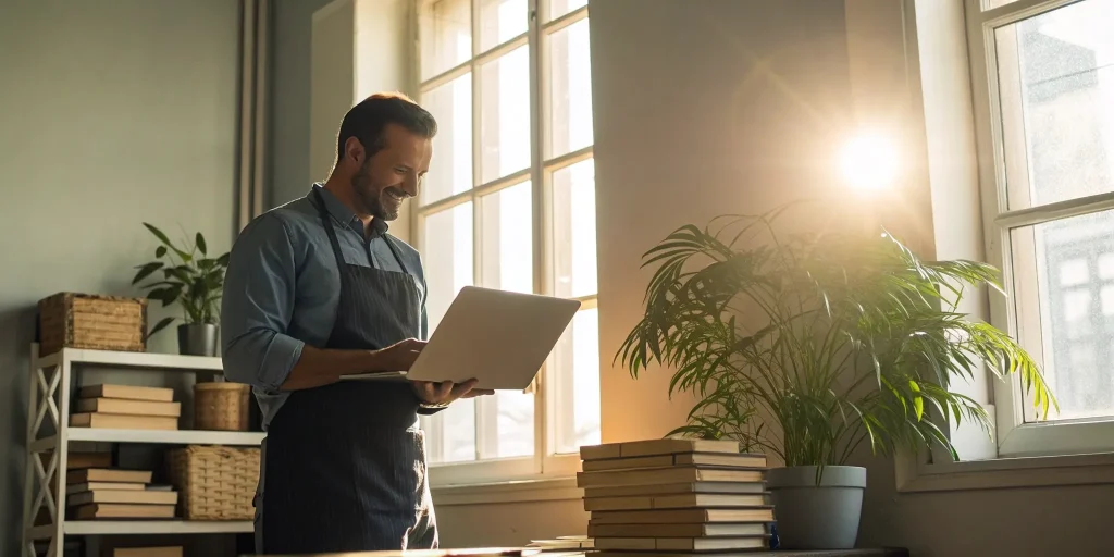 Business owner on a laptop applying for a government backed business loan.