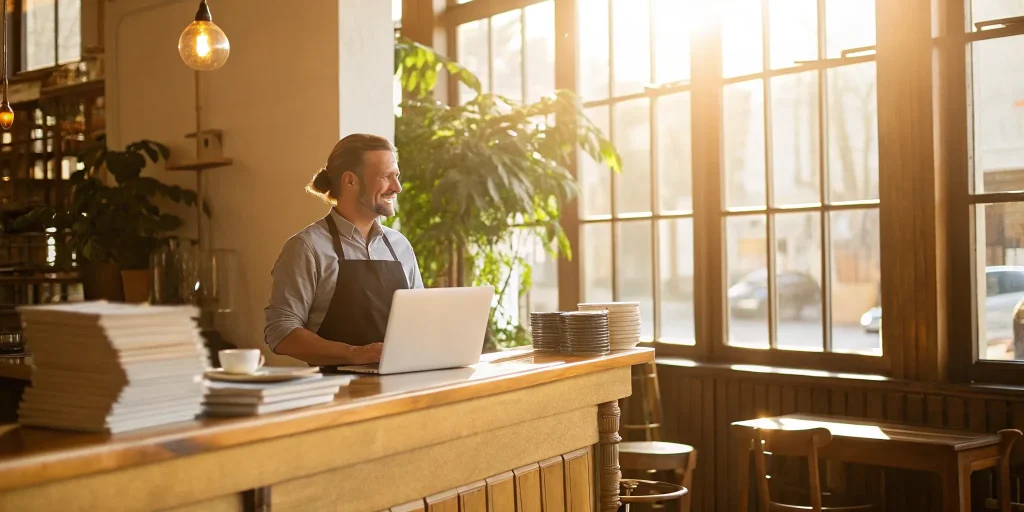 Business owner at a counter uses a laptop to apply for a merchant cash advance.