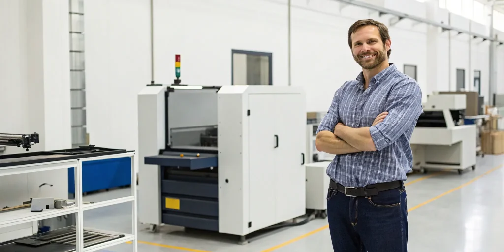 A business owner stands by industrial machinery financed with a 10-year equipment loan.