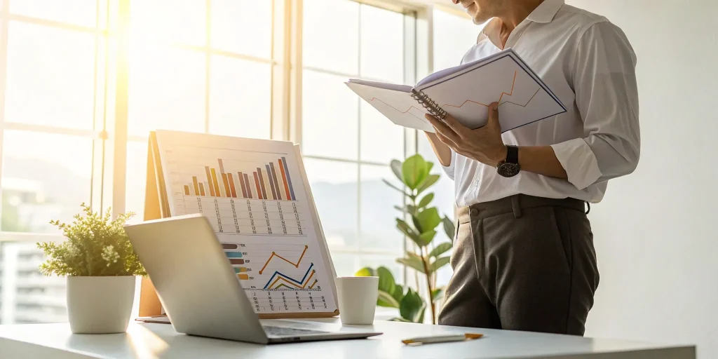Business owner reviewing financial charts to get a cash flow loan.