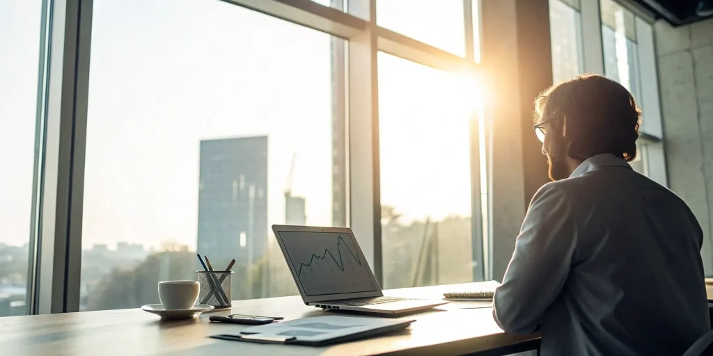 A business owner reviews financial charts on a laptop to get a line of credit for their business.
