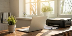 A laptop and printer on a desk, showing how to get a loan for business equipment.