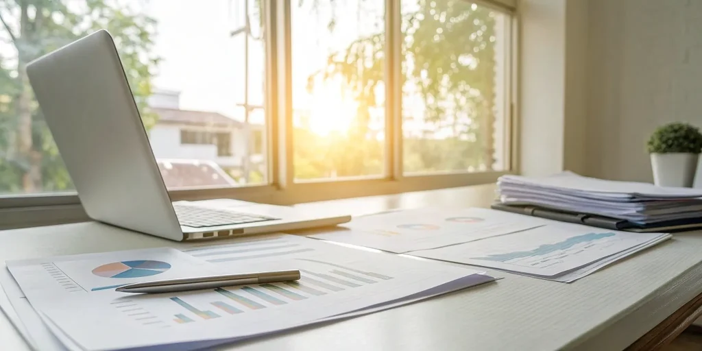 Laptop and financial charts on a desk analyzing the 2025 SBA loan rates.