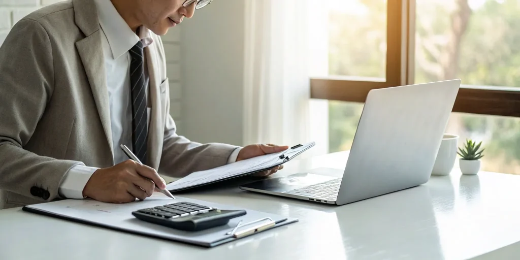 A business professional reviewing cash flow reports for selling a business.