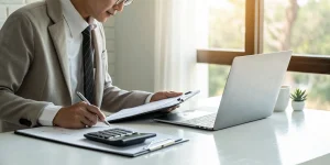 A business professional reviewing cash flow reports for selling a business.