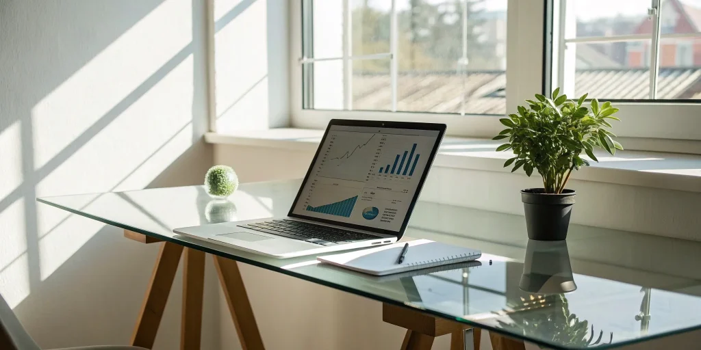 Business financial charts on a laptop for managing a revolving line of credit.