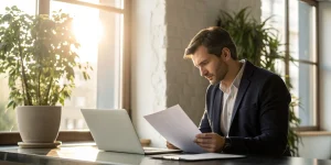 Business owner at a desk weighing the pros and cons of a short-term business loan.