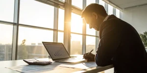 A person calculating the working capital formula on a laptop when buying a business.