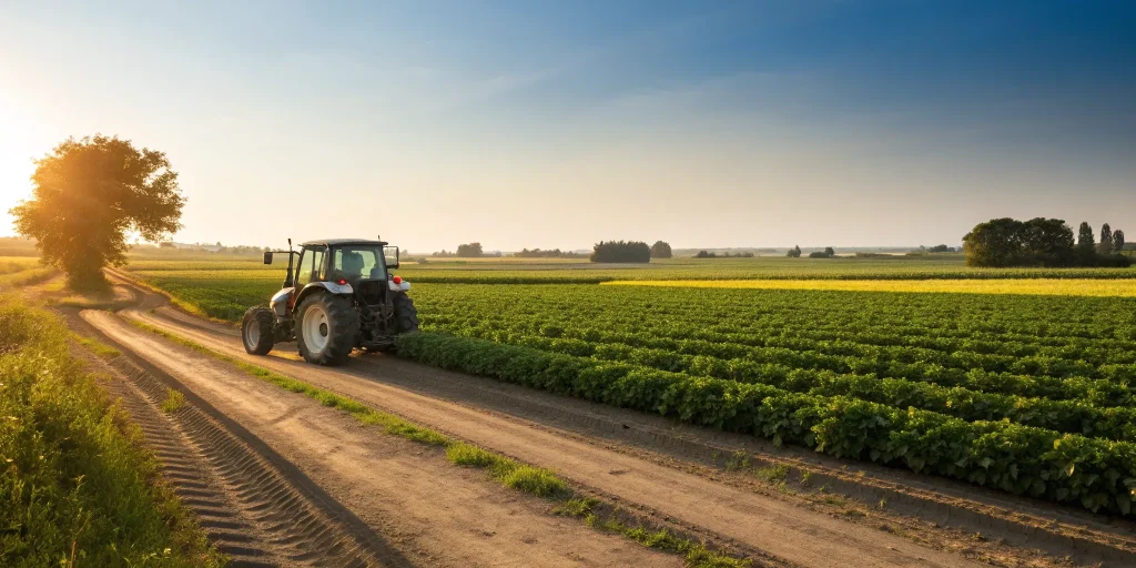 Tractor on a farm at sunset, financed with the best ag equipment loan rates.