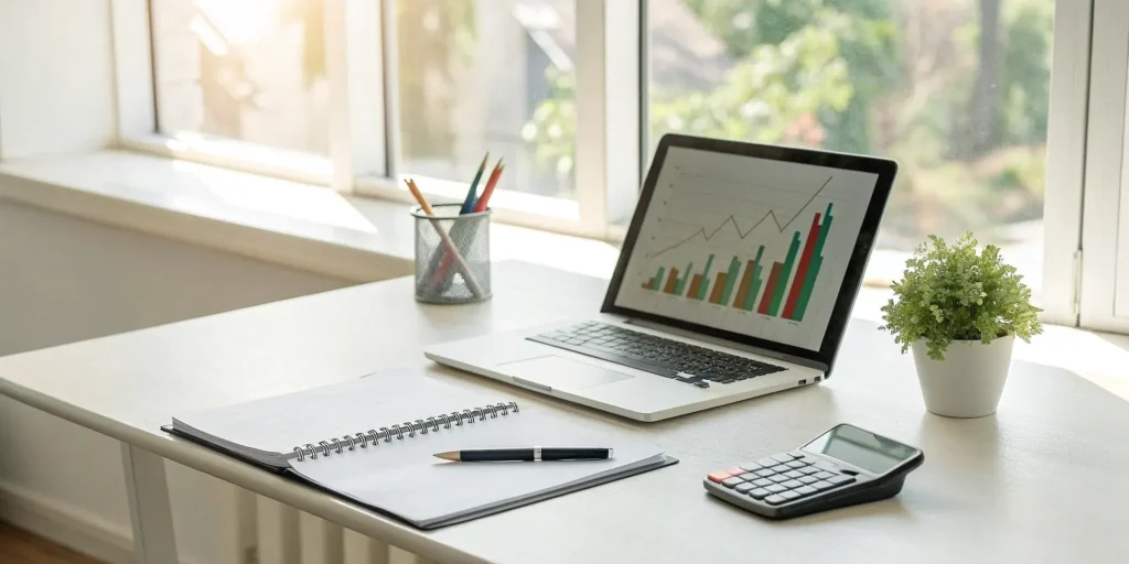 An SBA loan amortization calculator on a laptop screen used for business financial planning.