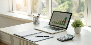 An SBA loan amortization calculator on a laptop screen used for business financial planning.