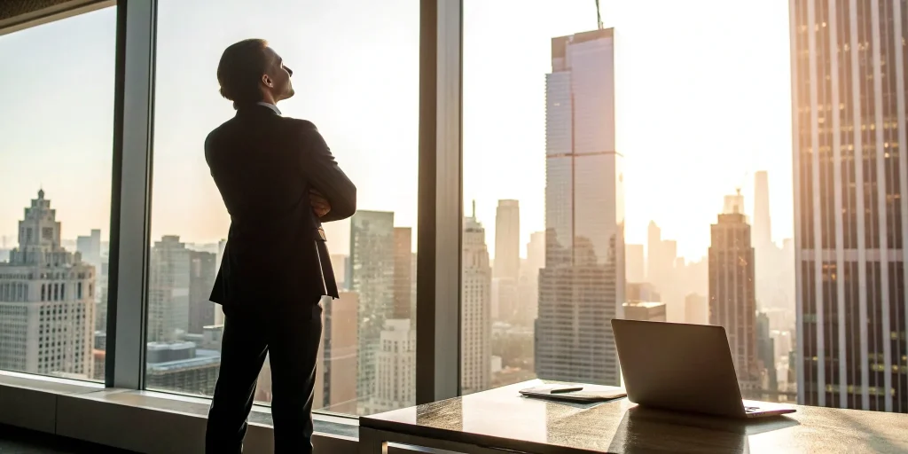 Startup founder looking over a city, considering a merchant cash advance for his business.