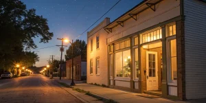 Local businesses on a main street supported by an SBA community advantage loan.