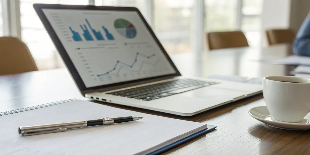 Analyzing financial charts on a laptop to determine the need for working capital loans.