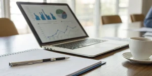 Analyzing financial charts on a laptop to determine the need for working capital loans.