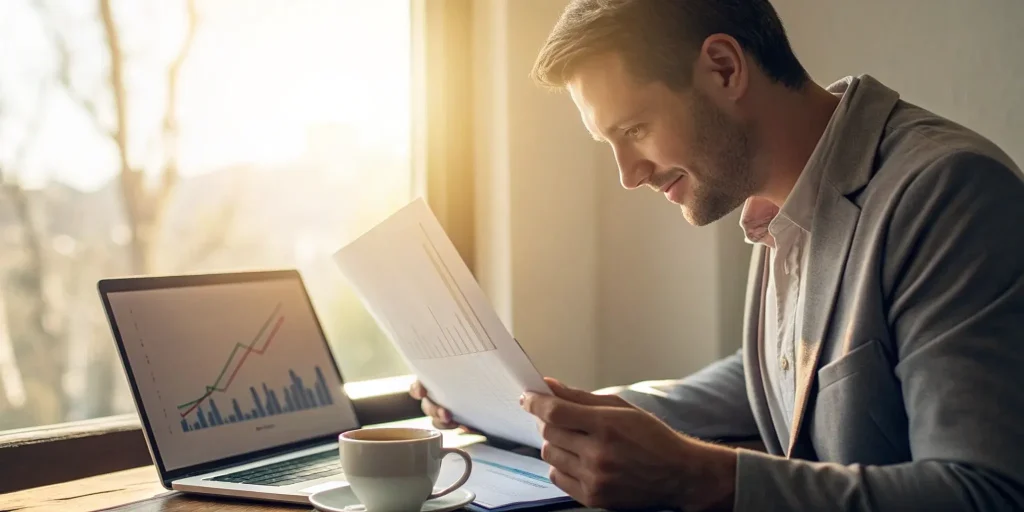 A merchant at a laptop researching an instant cash advance for his business.