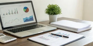 Laptop with charts for working capital management of short-term assets and liabilities.