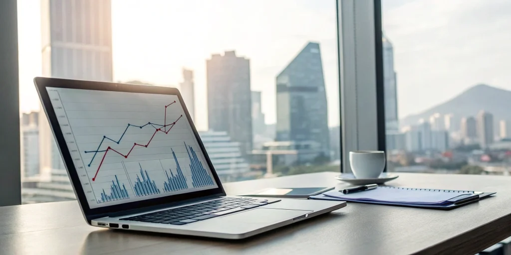A business line of credit calculator on a laptop showing charts for interest and payments.