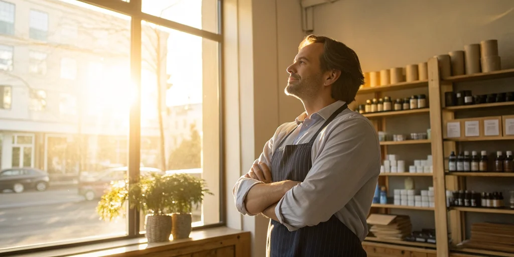 Small business owner in an apron managing shop finances with a cash flow loan.