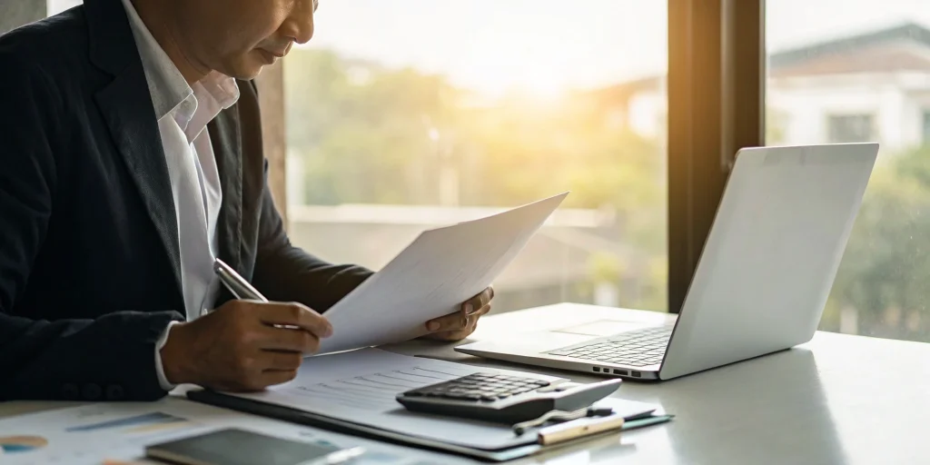 Business owner at a desk reviewing documents for a business loan based on revenue.