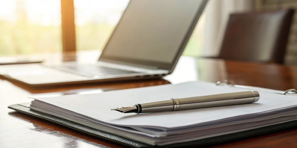 Fountain pen on financial documents for accounts receivable financing.