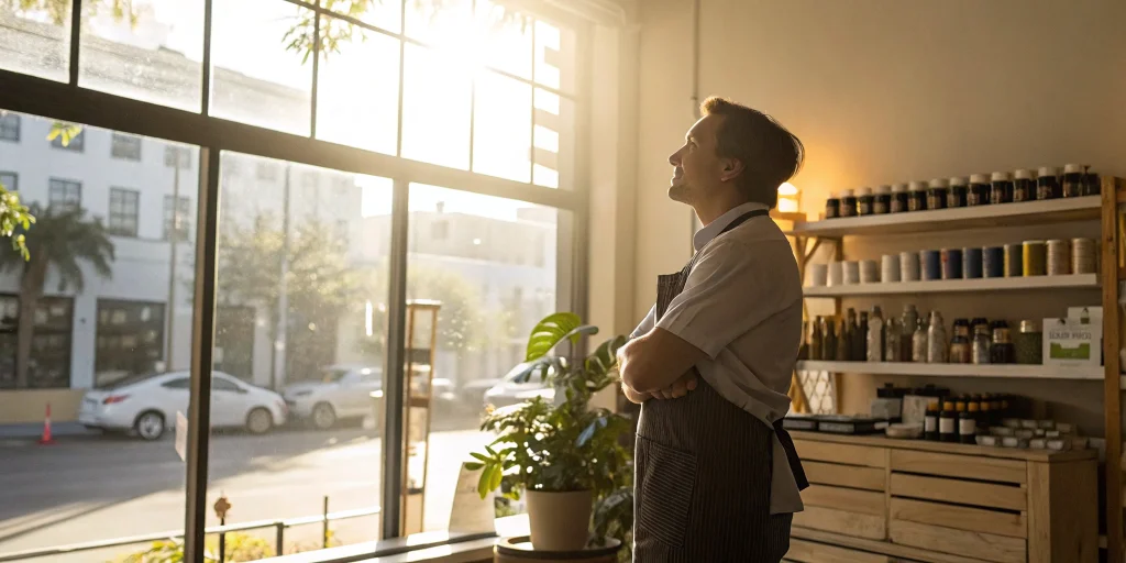 Small business owner in an apron considering a cash flow loan for their shop.
